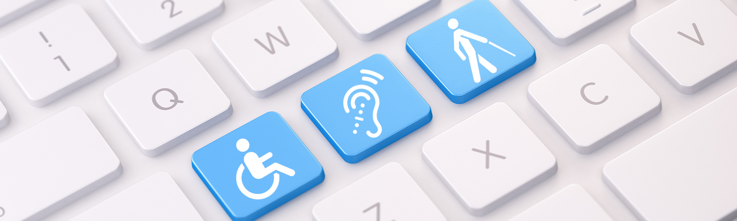 Keyboard with Three Blue Keys Featuring Symbols for Wheelchair Users, Deafness and Blindness